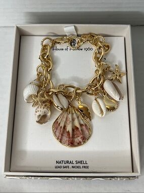 House of Harlow 1960 Gold Costal Shell Charm Bracelet White Gold Pink New